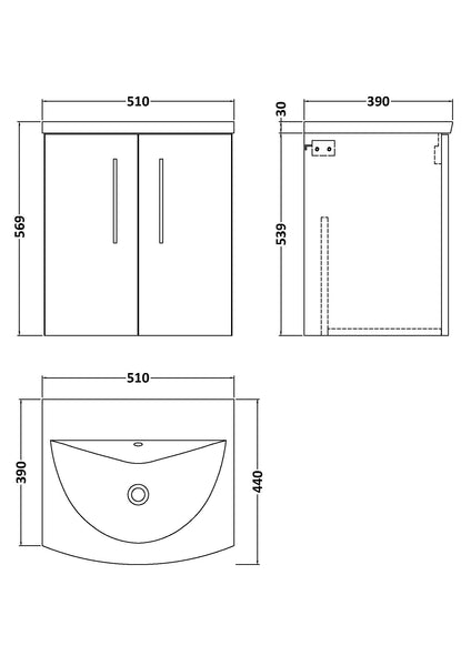 NUIE 500mm Wall Hung 2-Door Vanity & Basin 4