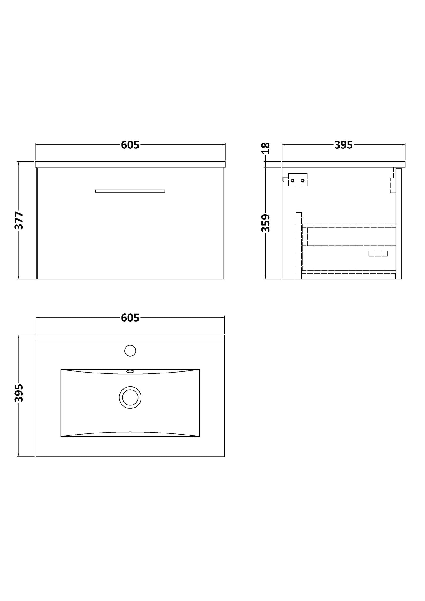 NUIE 600mm Wall Hung 1-Drawer Vanity & Basin 2