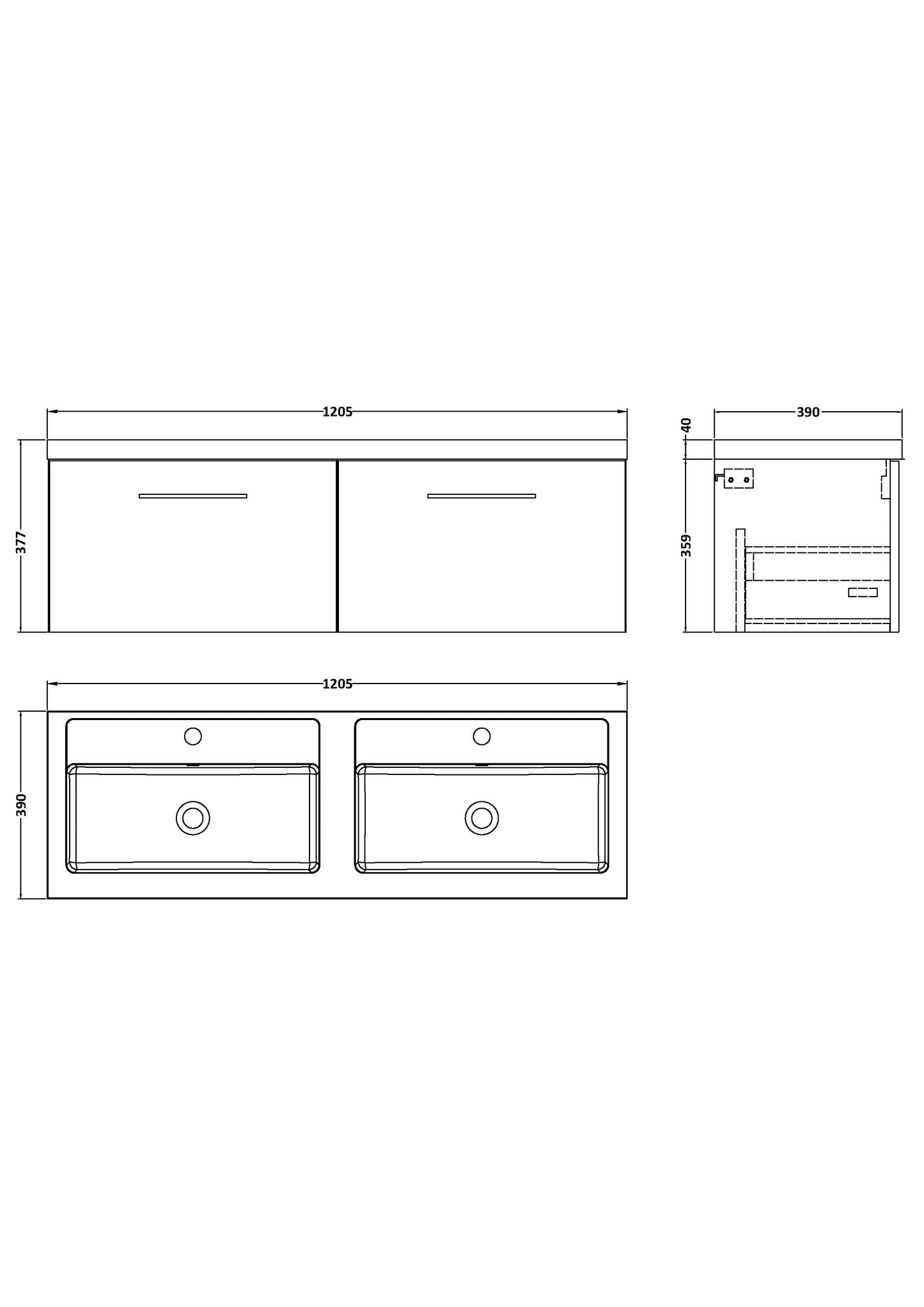 NUIE 1200mm Wall Hung 2-Drawer Vanity & Double Basin