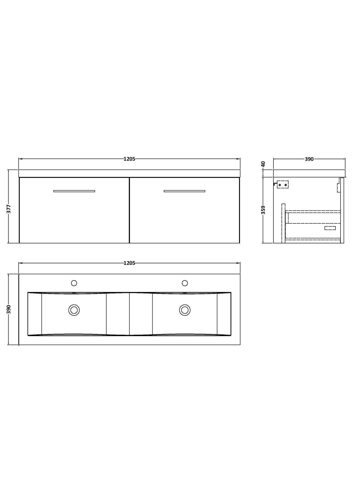 NUIE 1200mm Wall Hung 2-Drawer Vanity & Double Basin