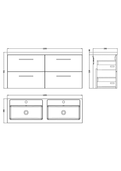 NUIE 1200mm Wall Hung 4-Drawer Vanity & Double Basin