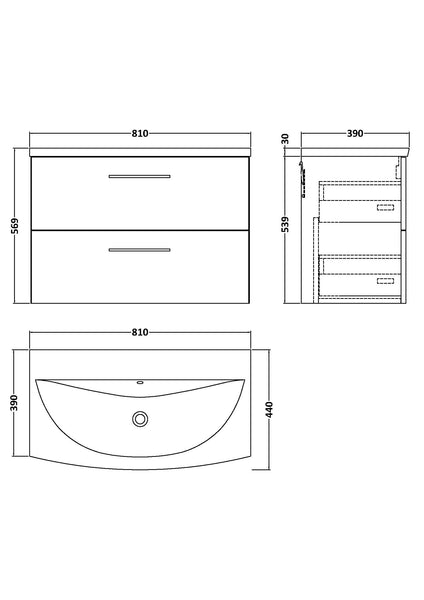 NUIE 800mm Wall Hung 2-Drawer Vanity & Basin 4