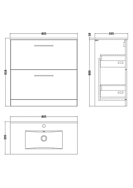 NUIE 800mm Floor Standing 2-Drawer Vanity & Basin 2