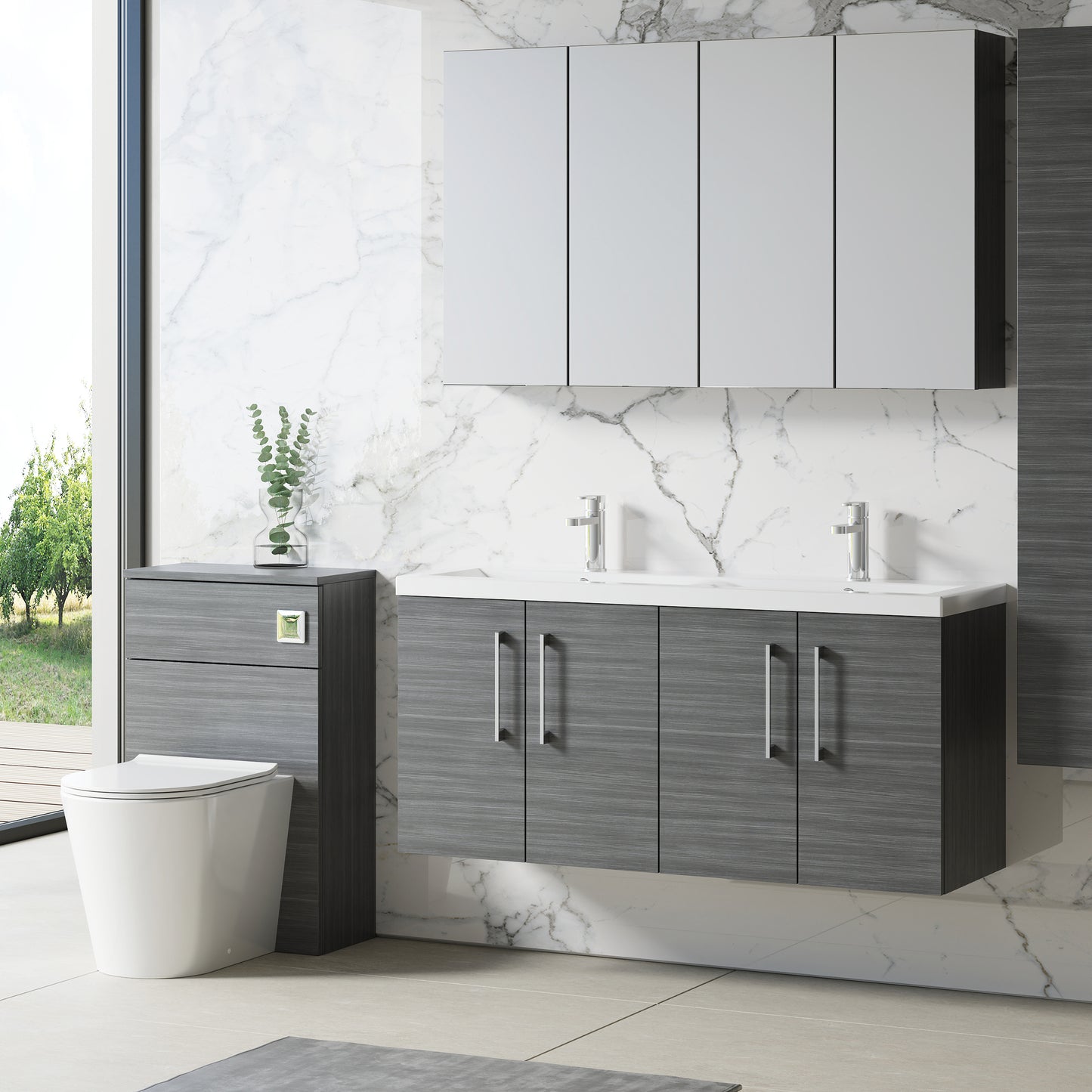 NUIE 1200mm Wall Hung 4 Door Vanity & Double Basin