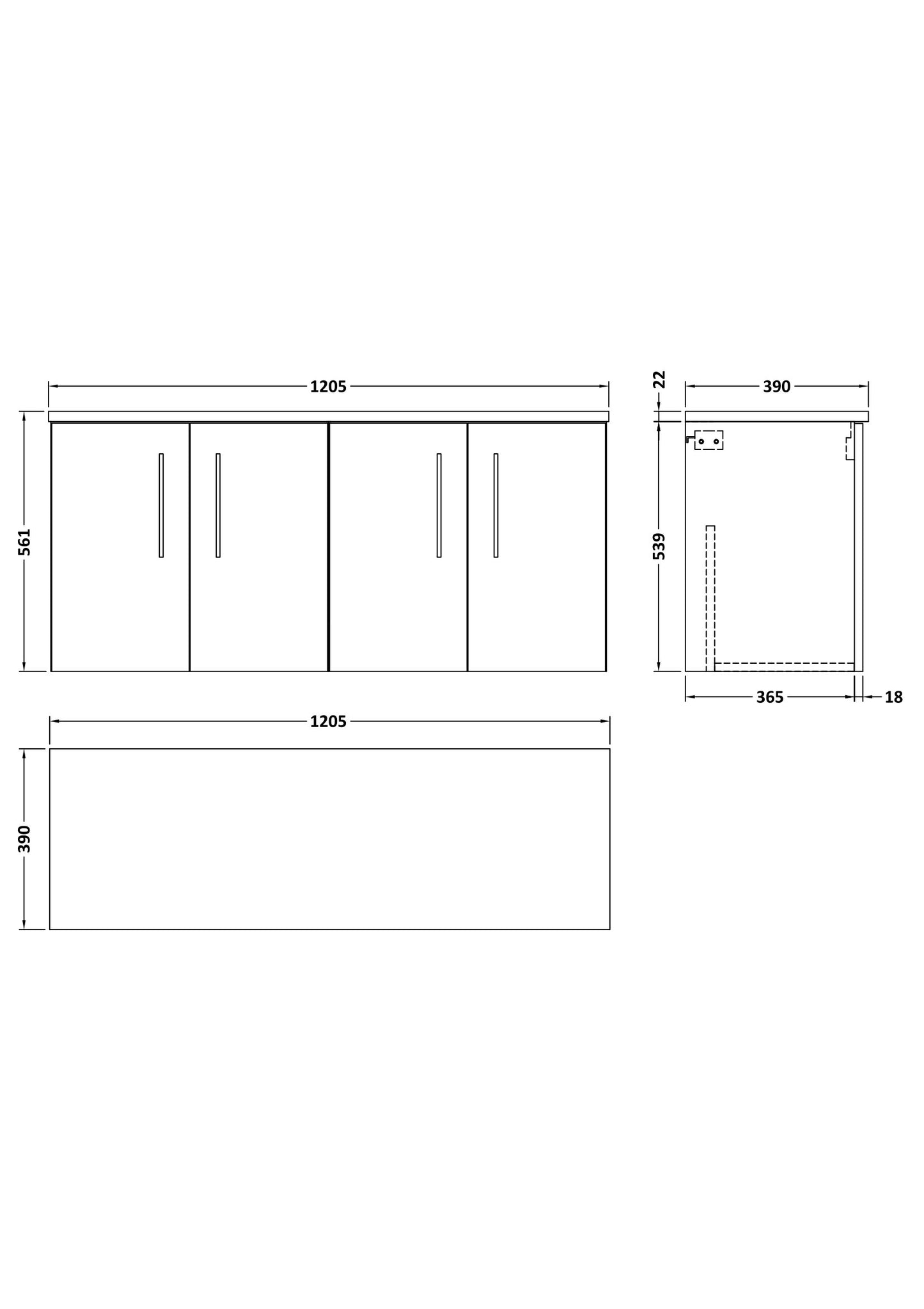 NUIE 1200mm Wall Hung 4-Door Vanity & Laminate Worktop