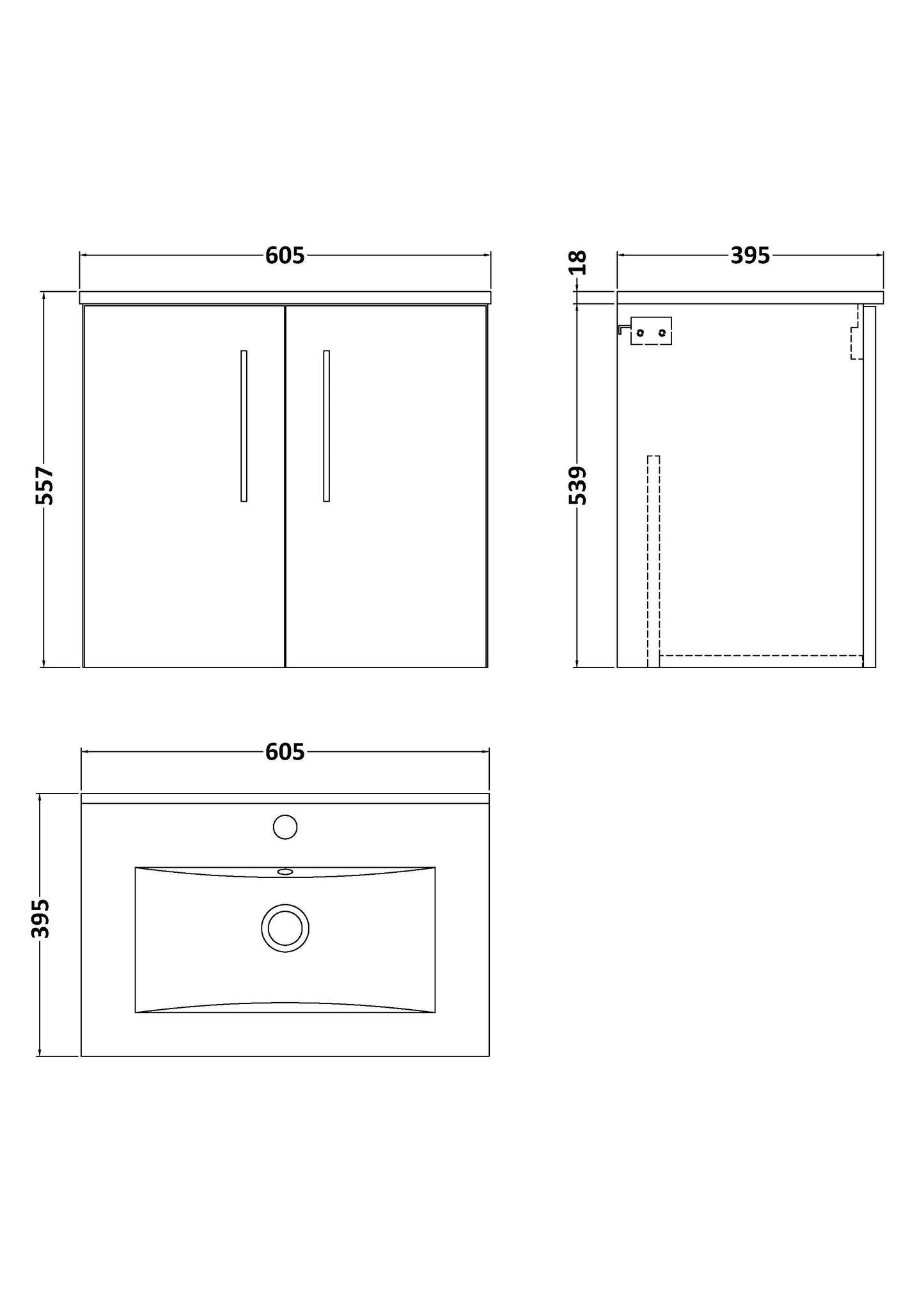 NUIE 600mm Wall Hung 2 Door Vanity & Basin 2