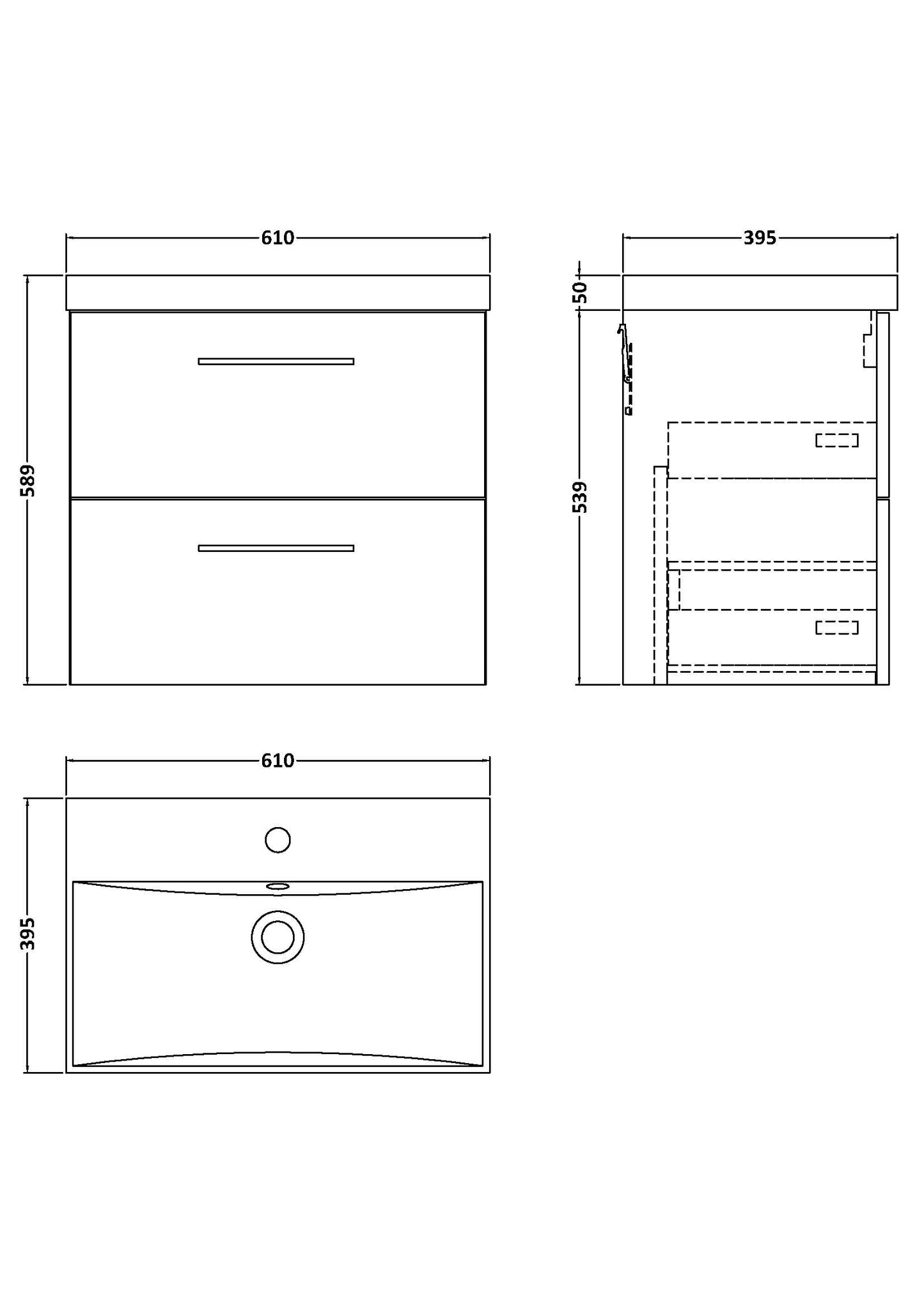 NUIE 600mm Wall Hung 2 Drawer Vanity & Basin 3