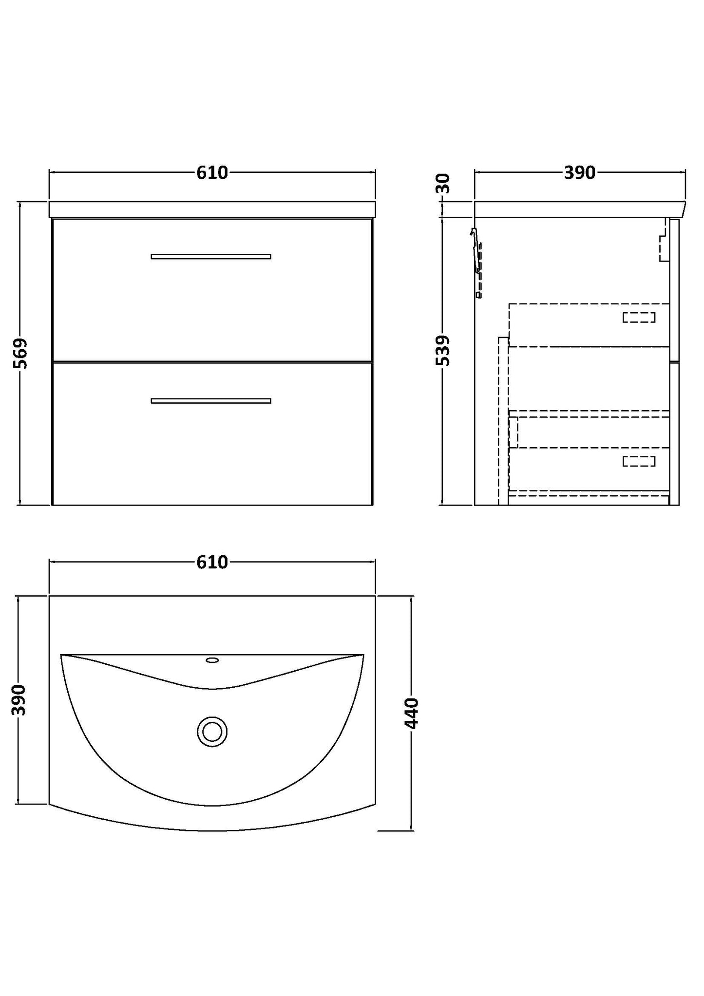 NUIE 600mm Wall Hung 2 Drawer Vanity & Basin 4
