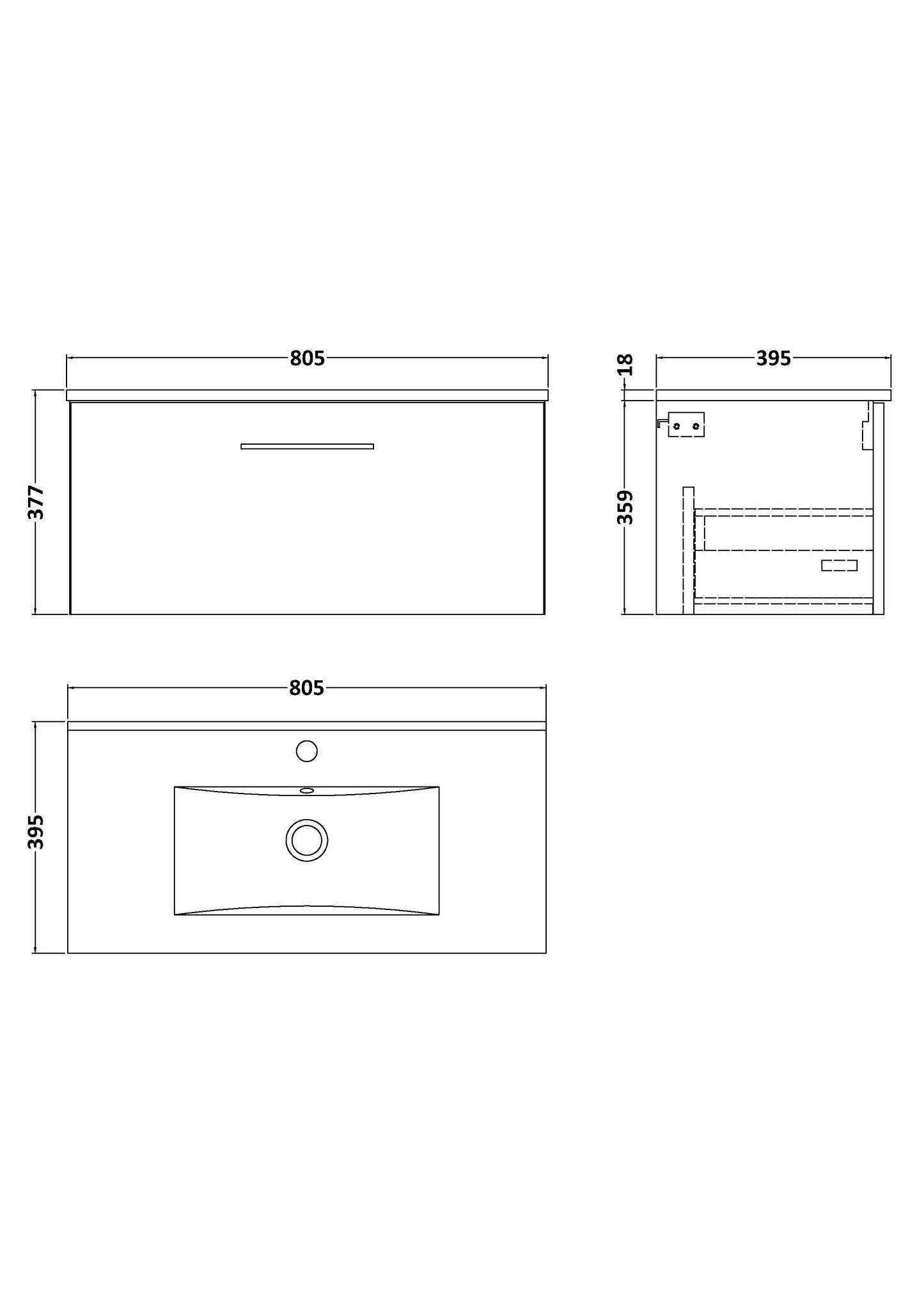 NUIE 800mm Wall Hung 1 Drawer Vanity & Basin 2