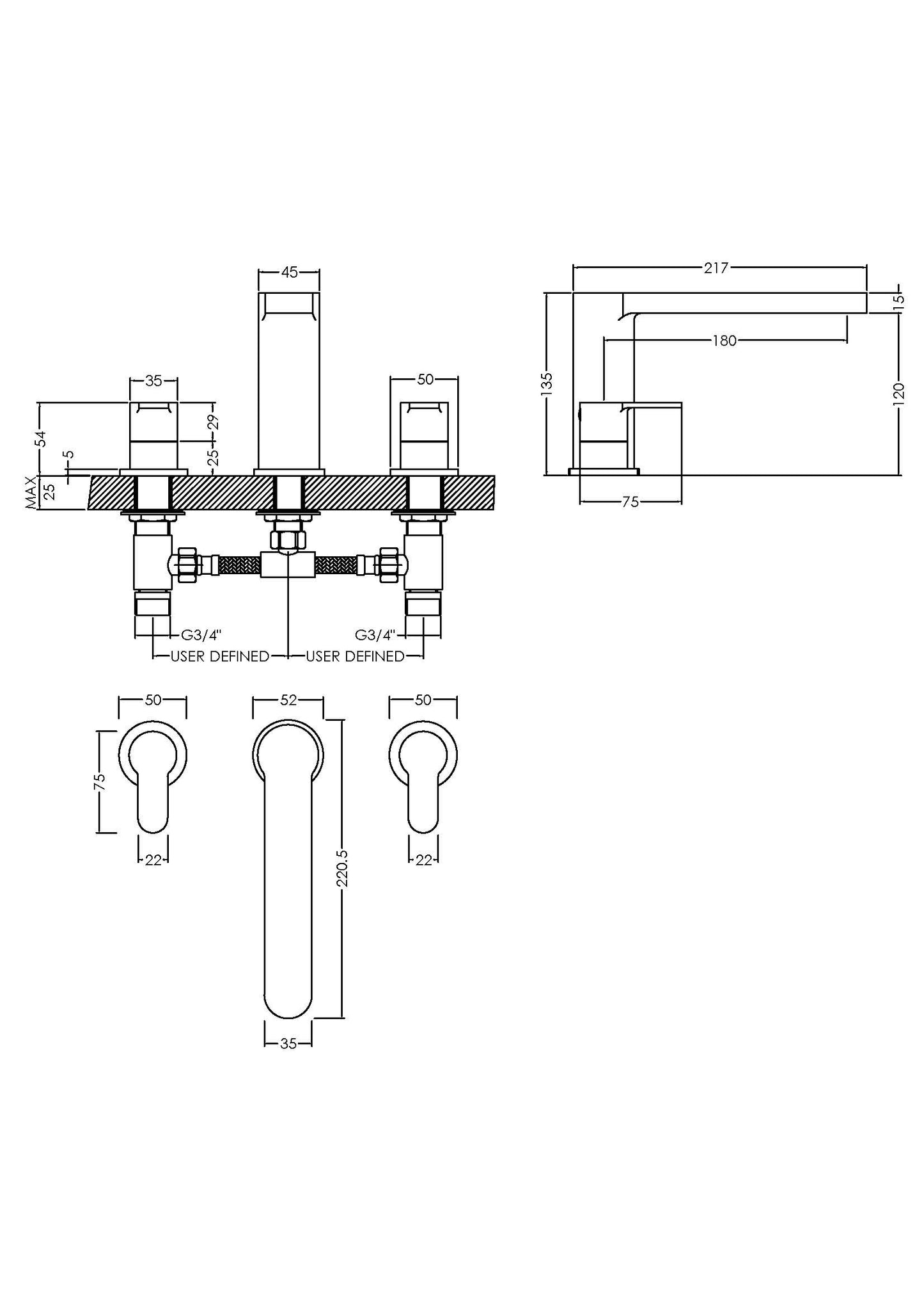 NUIE Deck Mounted 3 Tap Hole Bath Filler