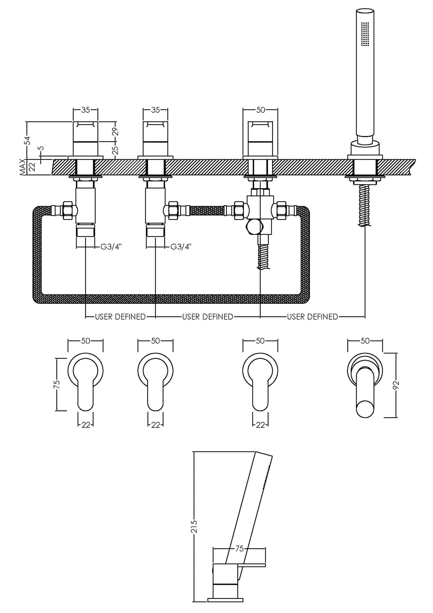 NUIE Deck Mounted 4 Tap Hole Bath Shower Mixer No Spout