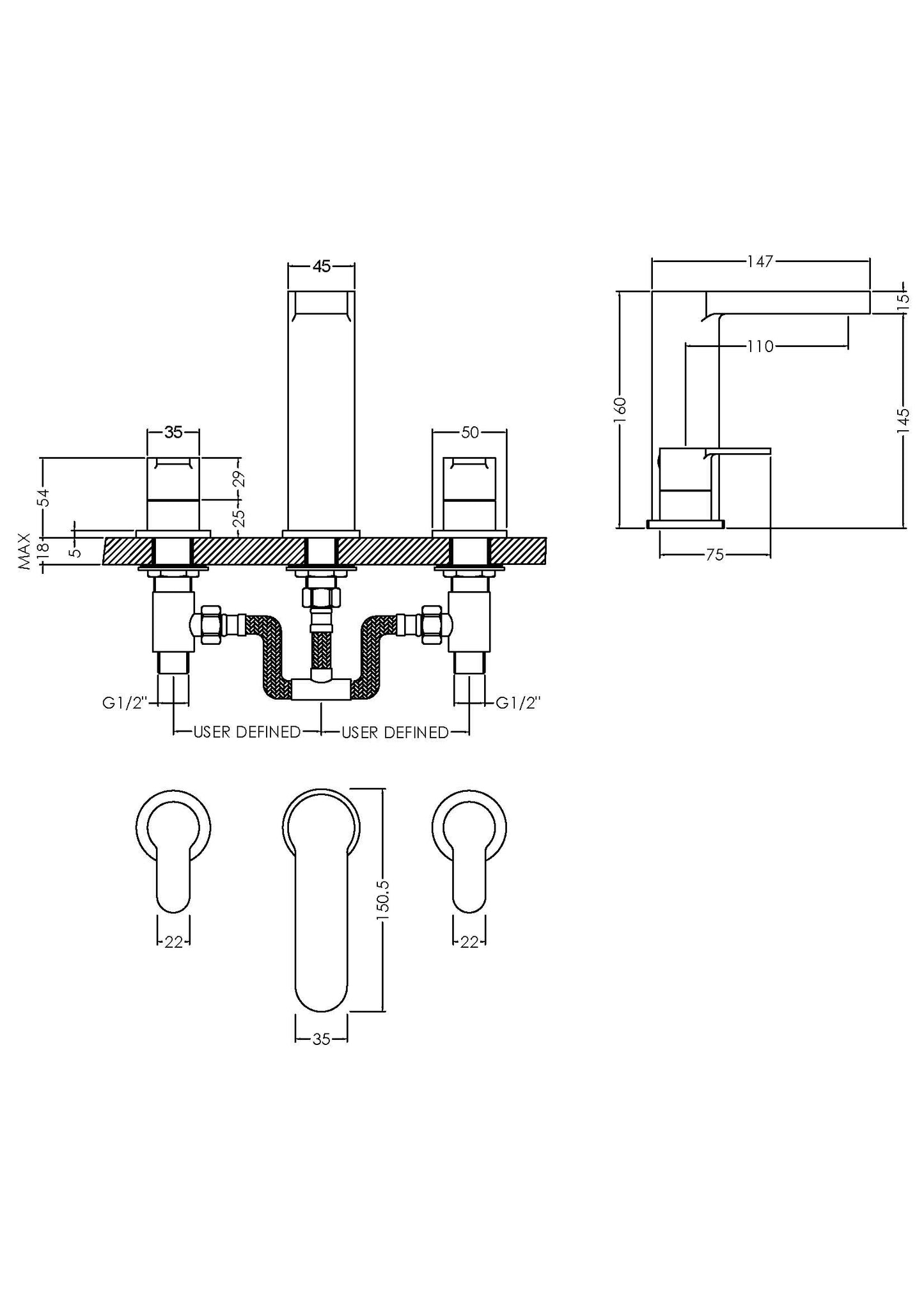 NUIE Deck Mounted 3 Tap Hole Basin Mixer With Pop Up Waste
