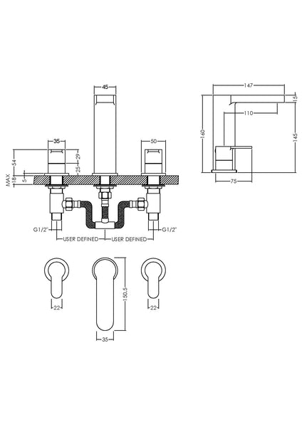 NUIE Deck Mounted 3 Tap Hole Basin Mixer With Pop Up Waste