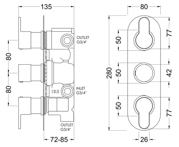 NUIE Triple Thermostatic Valve With Diverter