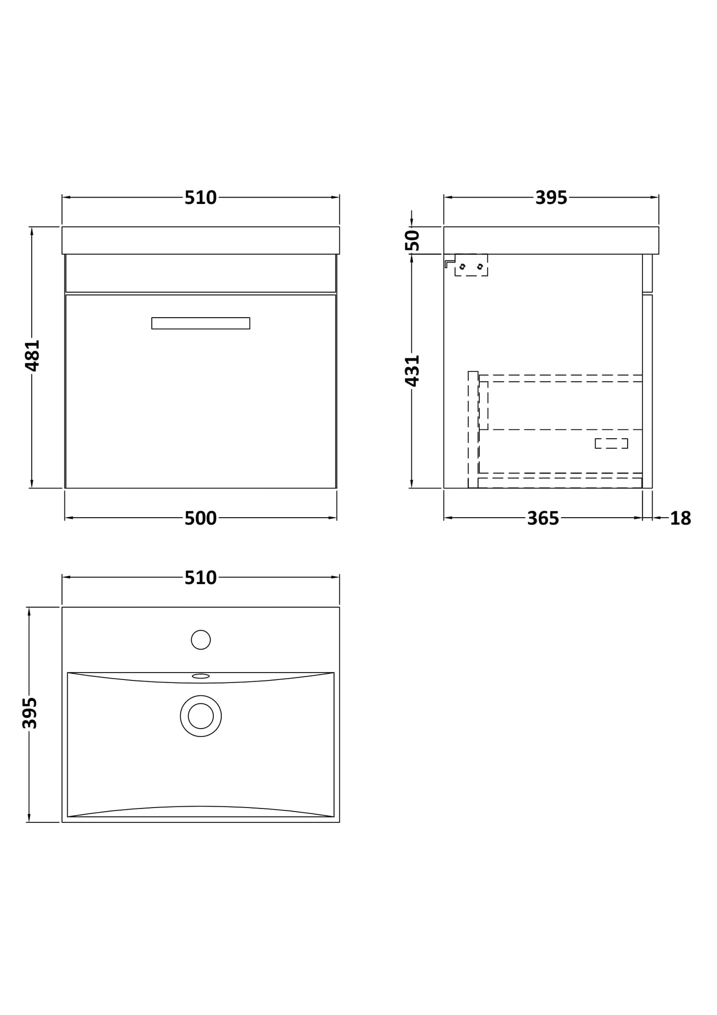NUIE 500mm Wall Hung Vanity With Basin 3