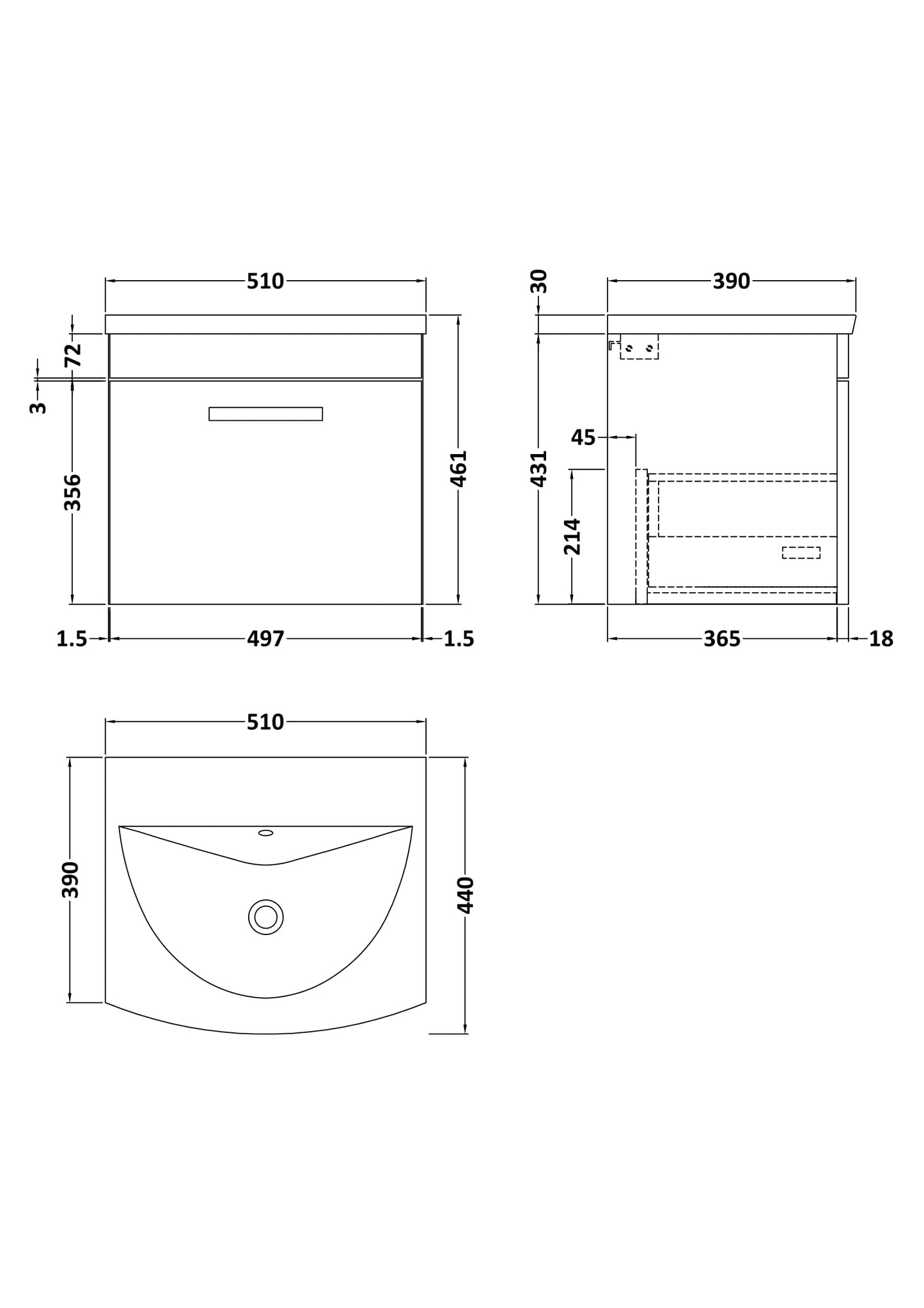 NUIE 500mm Wall Hung Vanity With Basin 4