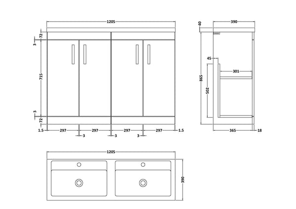 NUIE 1200mm Floor Standing Cabinet With Double Basin