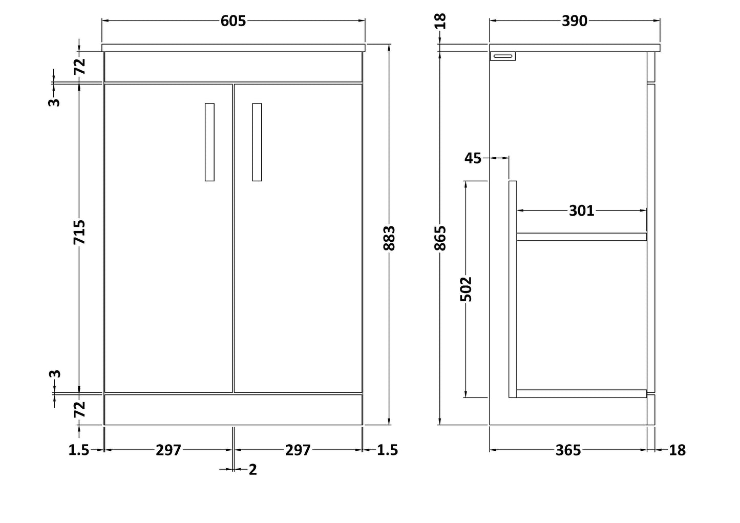 NUIE 600mm Floor Standing Vanity With Worktop