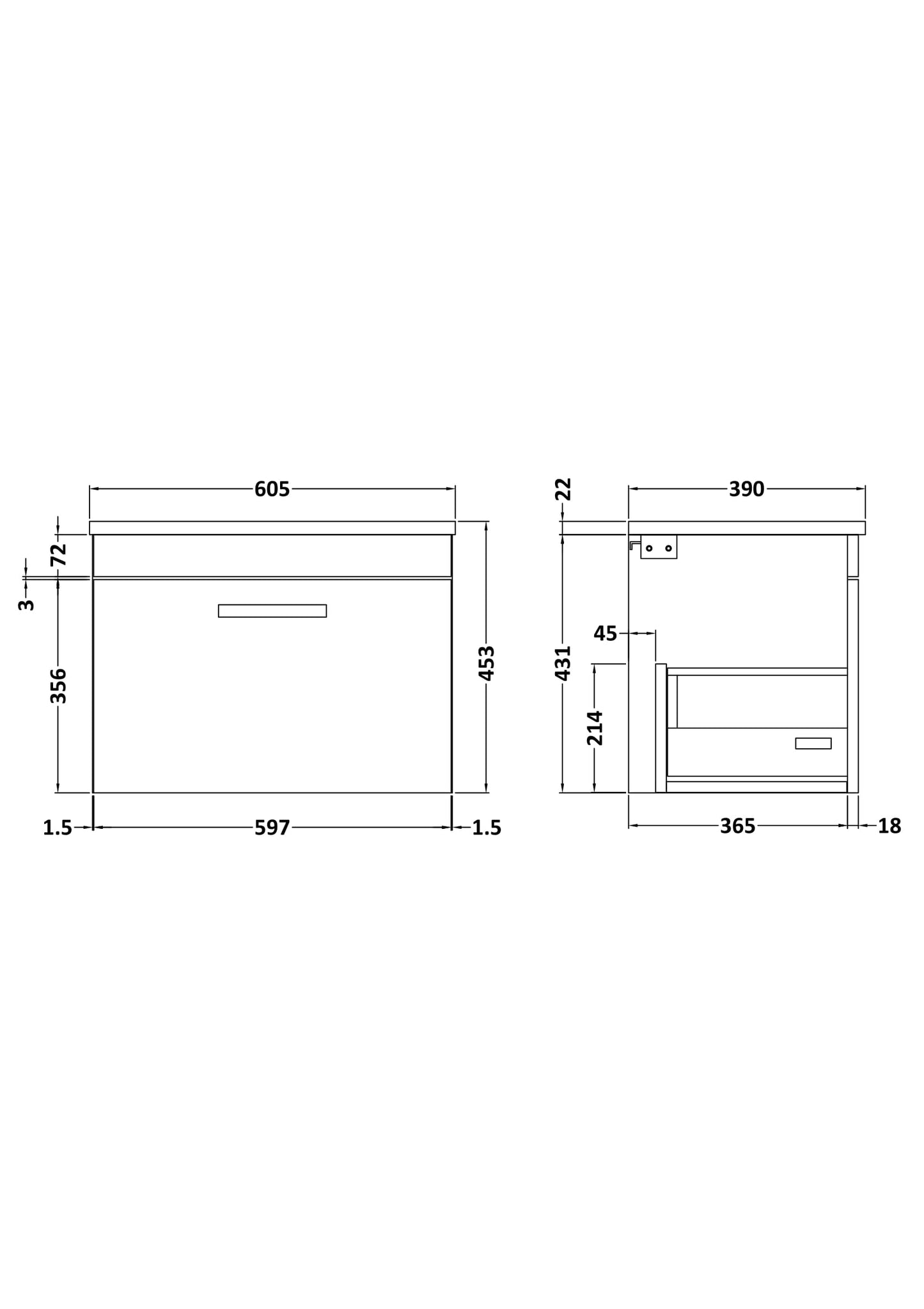 NUIE 600mm Wall Hung Vanity With Sparkling Black Worktop