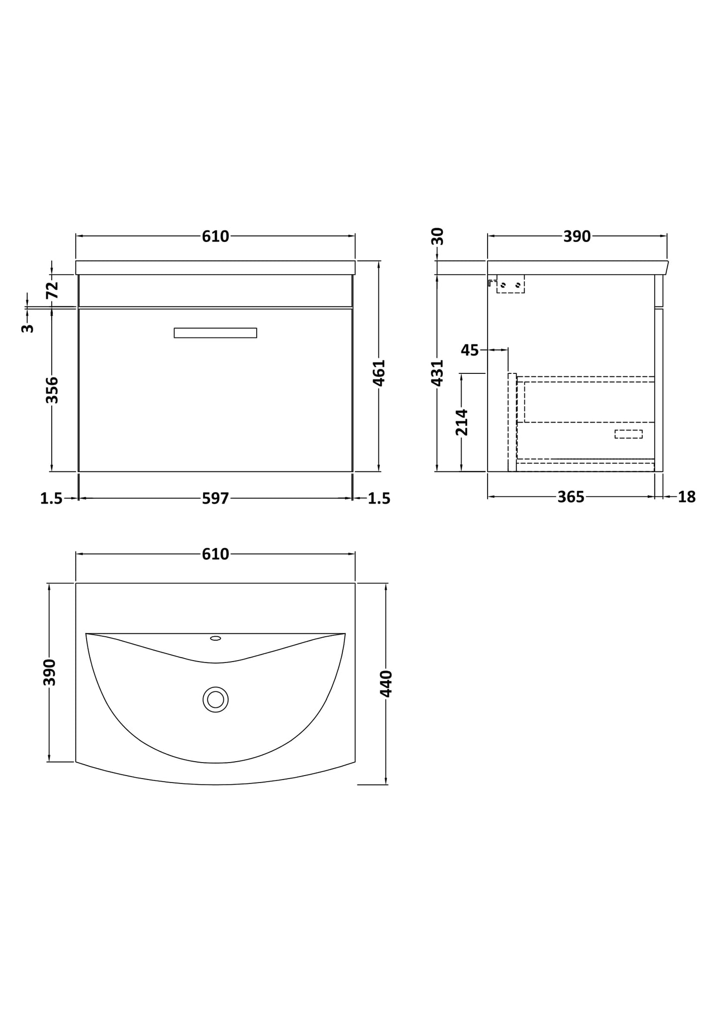 NUIE 600mm Wall Hung Vanity With Basin 4