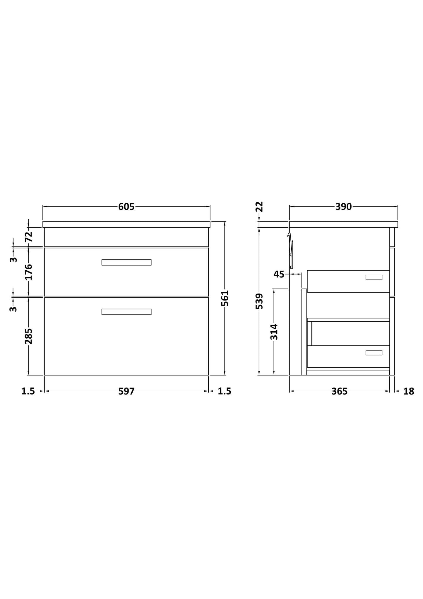NUIE 600mm Wall Hung Vanity With Grey Worktop