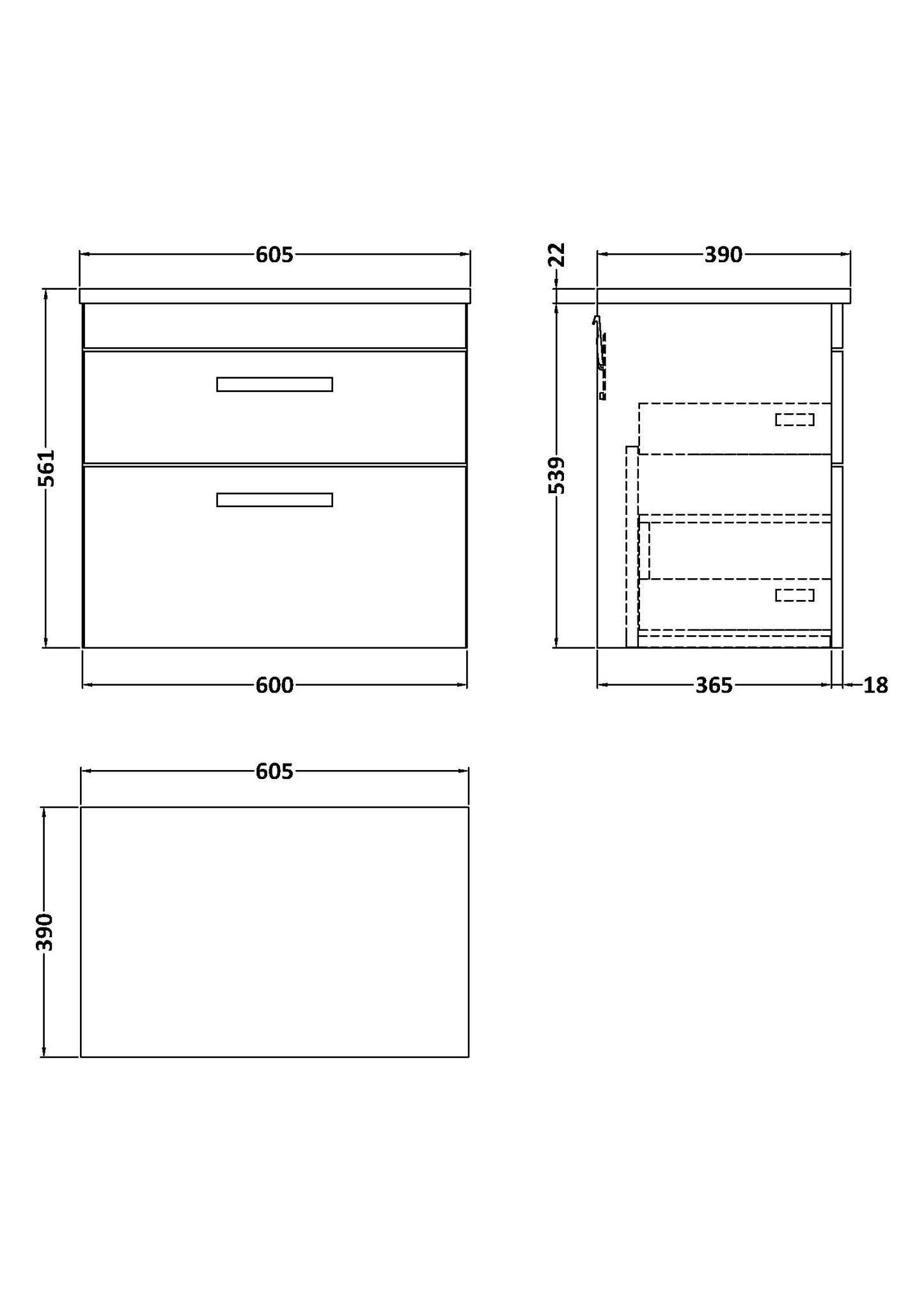 NUIE 600 Wall Hung 2-Drawer Unit & Laminate Worktop