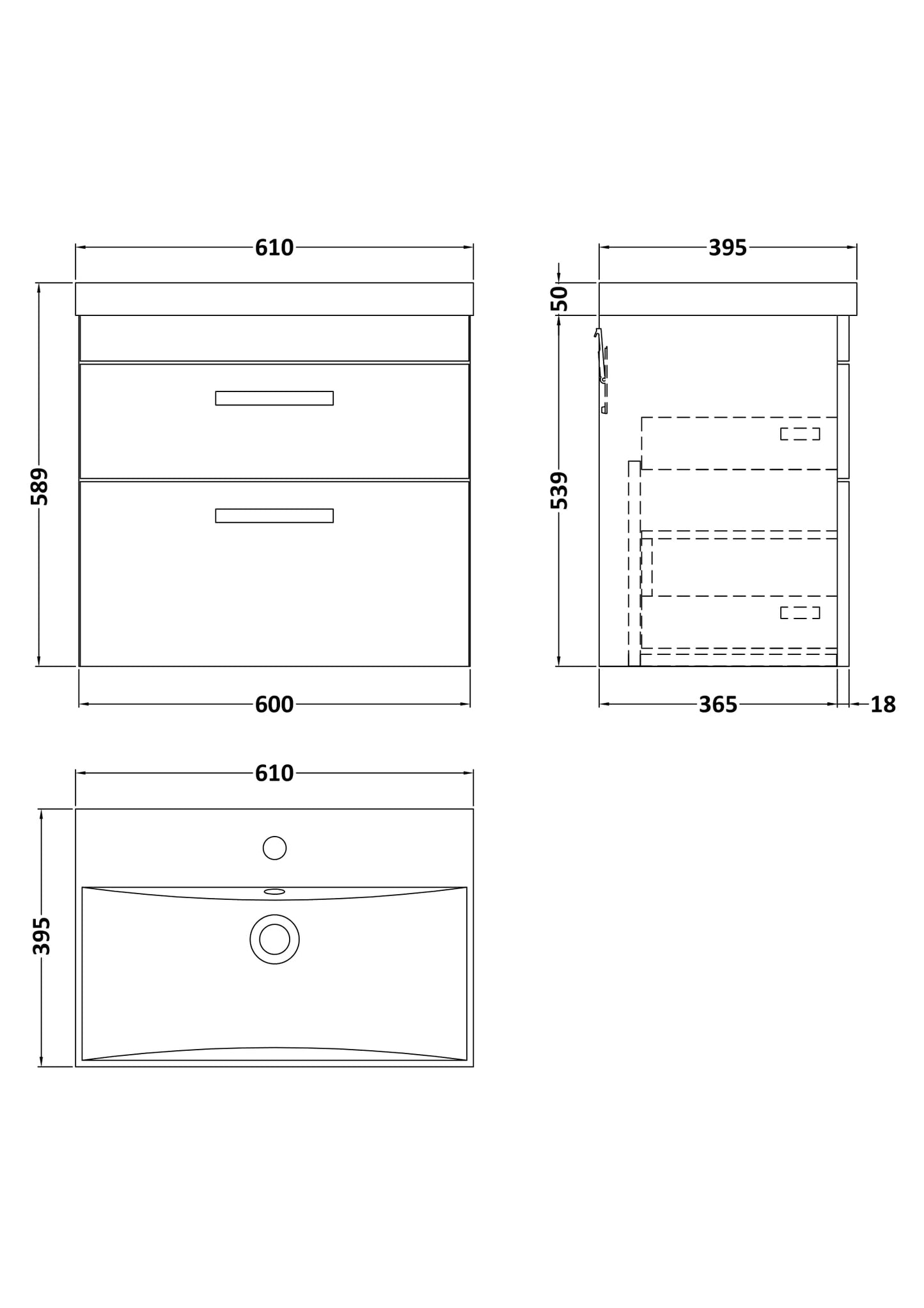 NUIE 600mm Wall Hung Vanity With Basin 3