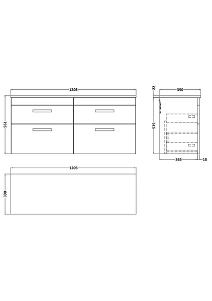 NUIE 1200 Wall Hung 4-Drawer Unit & Laminate Worktop