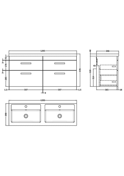 NUIE 1200mm Wall Hung Cabinet With Double Basin