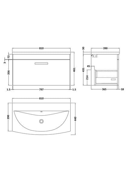 NUIE 800mm Wall Hung Vanity With Basin 4