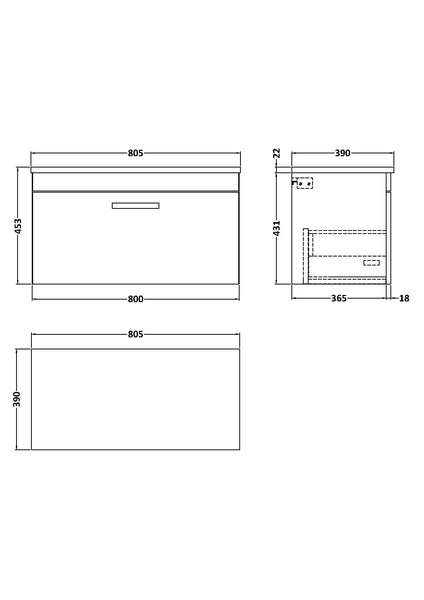 NUIE 800 Wall Hung Single Drawer Unit & Laminate Worktop