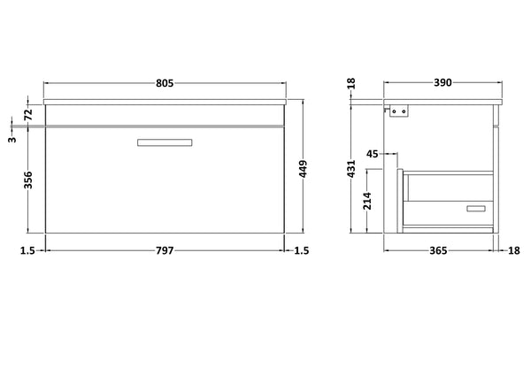NUIE 800mm Wall Hung Vanity With Worktop