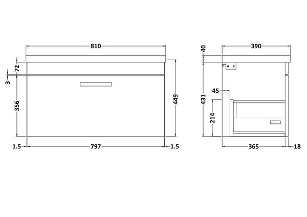 NUIE 800mm Wall Hung Vanity With Basin 1