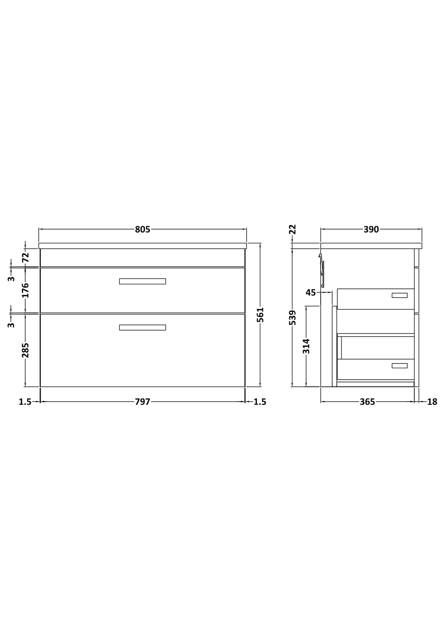 NUIE 800mm Wall Hung Vanity With Grey Worktop