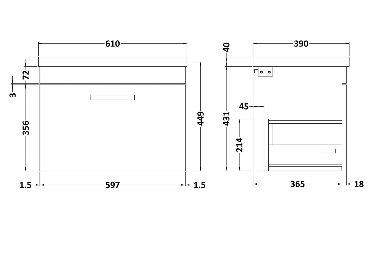 NUIE 600mm Wall Hung Cabinet With Basin 1