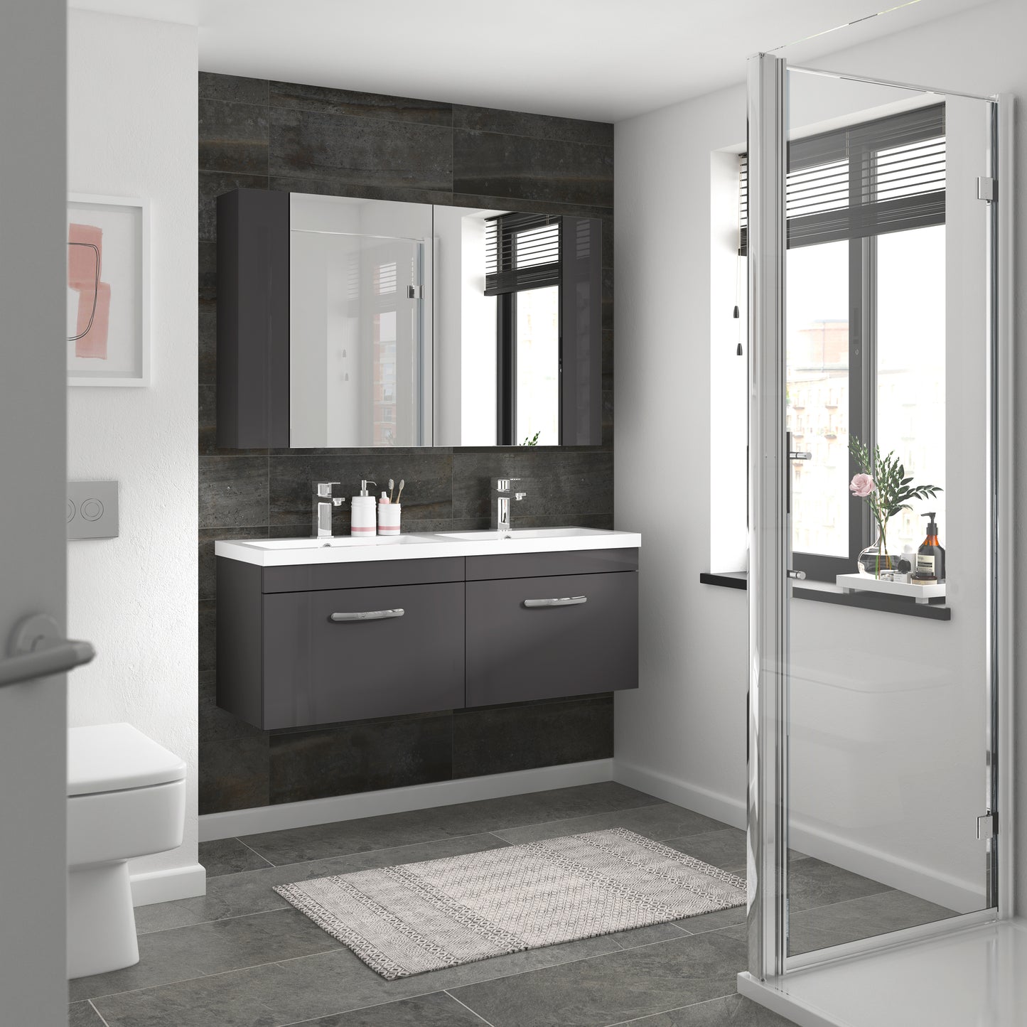 NUIE 1200mm Wall Hung Cabinet With Double Ceramic Basin