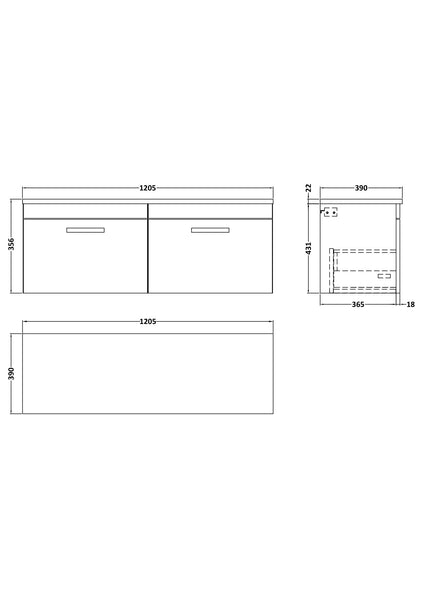 NUIE 1200mm Wall Hung 2-Drawer Unit & Laminate Worktop