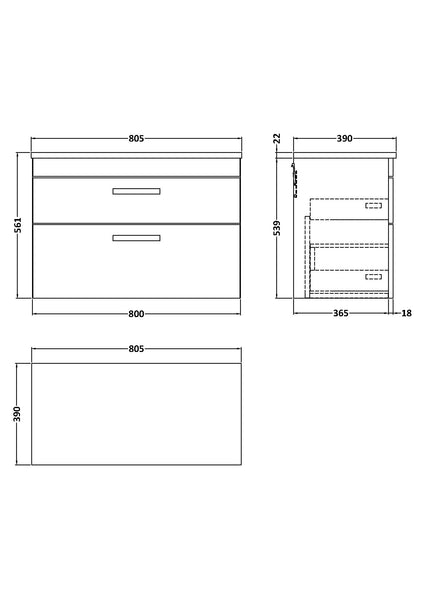 NUIE 800 Wall Hung 2-Drawer Unit & Laminate Worktop