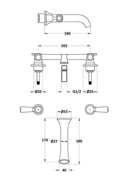 Hudson Reed 3 Tap Hole Wall Mounted Basin Mixer