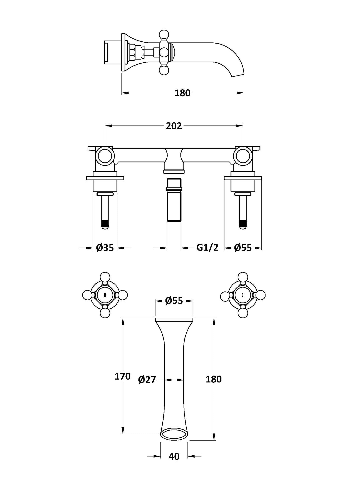 Hudson Reed 3 Tap Hole Wall Mounted Basin Mixer