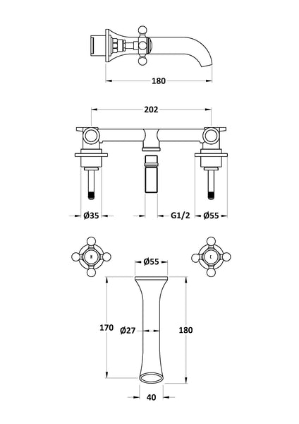 Hudson Reed 3 Tap Hole Wall Mounted Basin Mixer