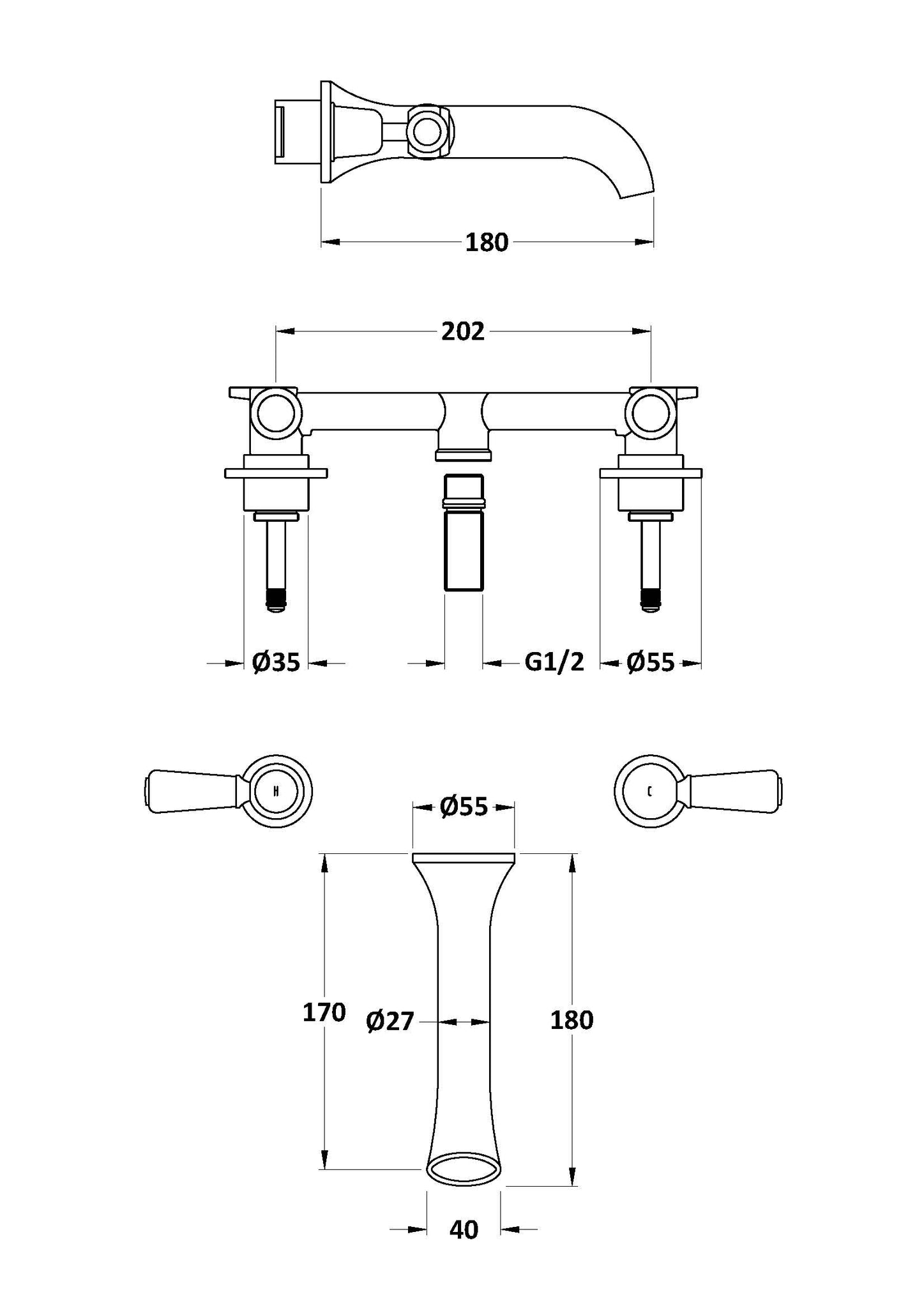 Hudson Reed 3 Tap Hole Wall Mounted Basin Mixer