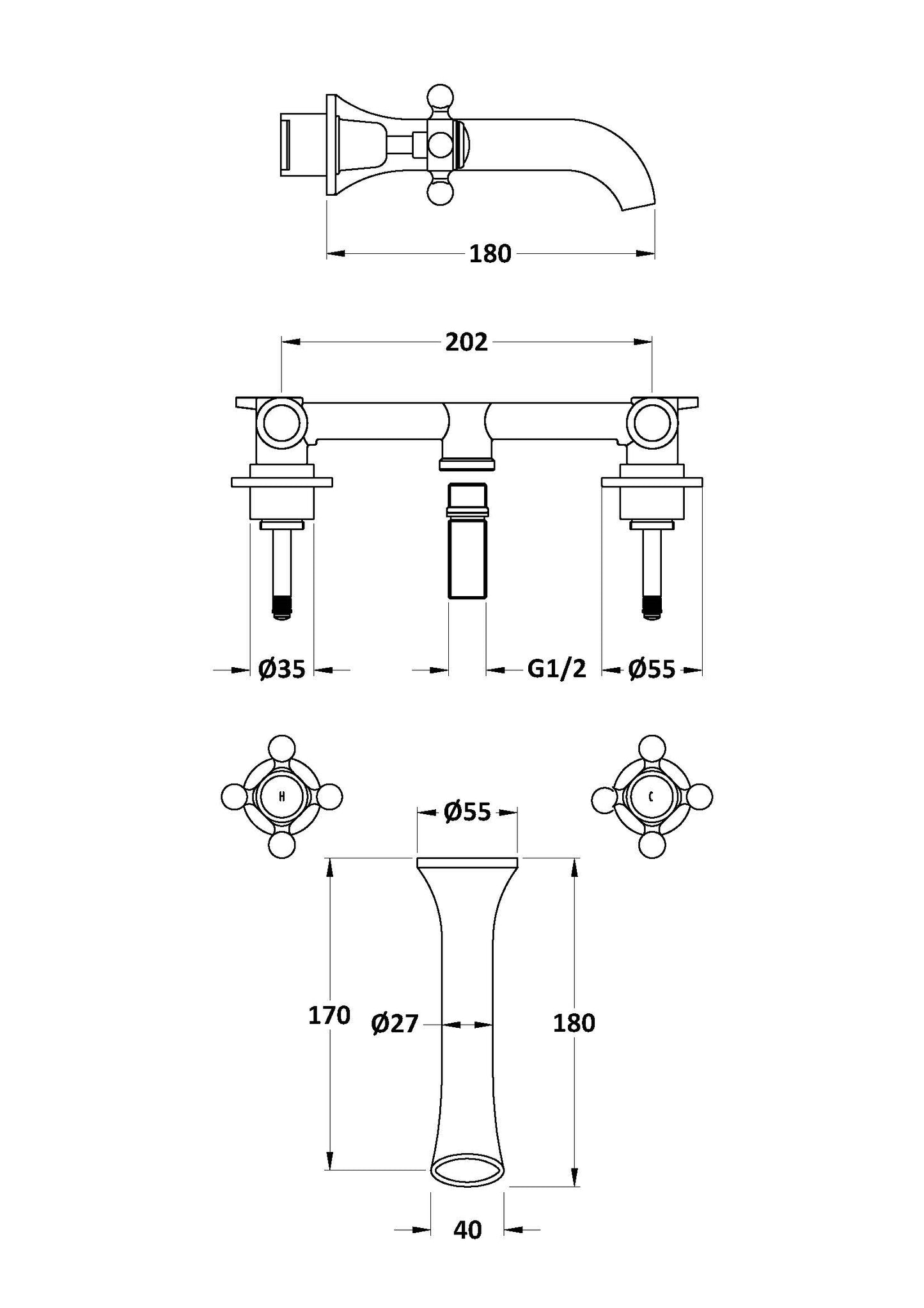 Hudson Reed 3 Tap Hole Wall Mounted Basin Mixer