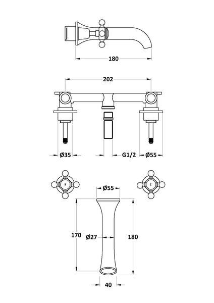 Hudson Reed 3 Tap Hole Wall Mounted Basin Mixer