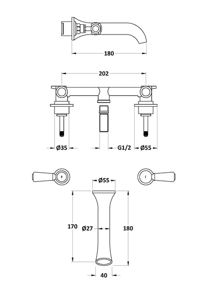 Hudson Reed 3 Tap Hole Wall Mounted Basin Mixer