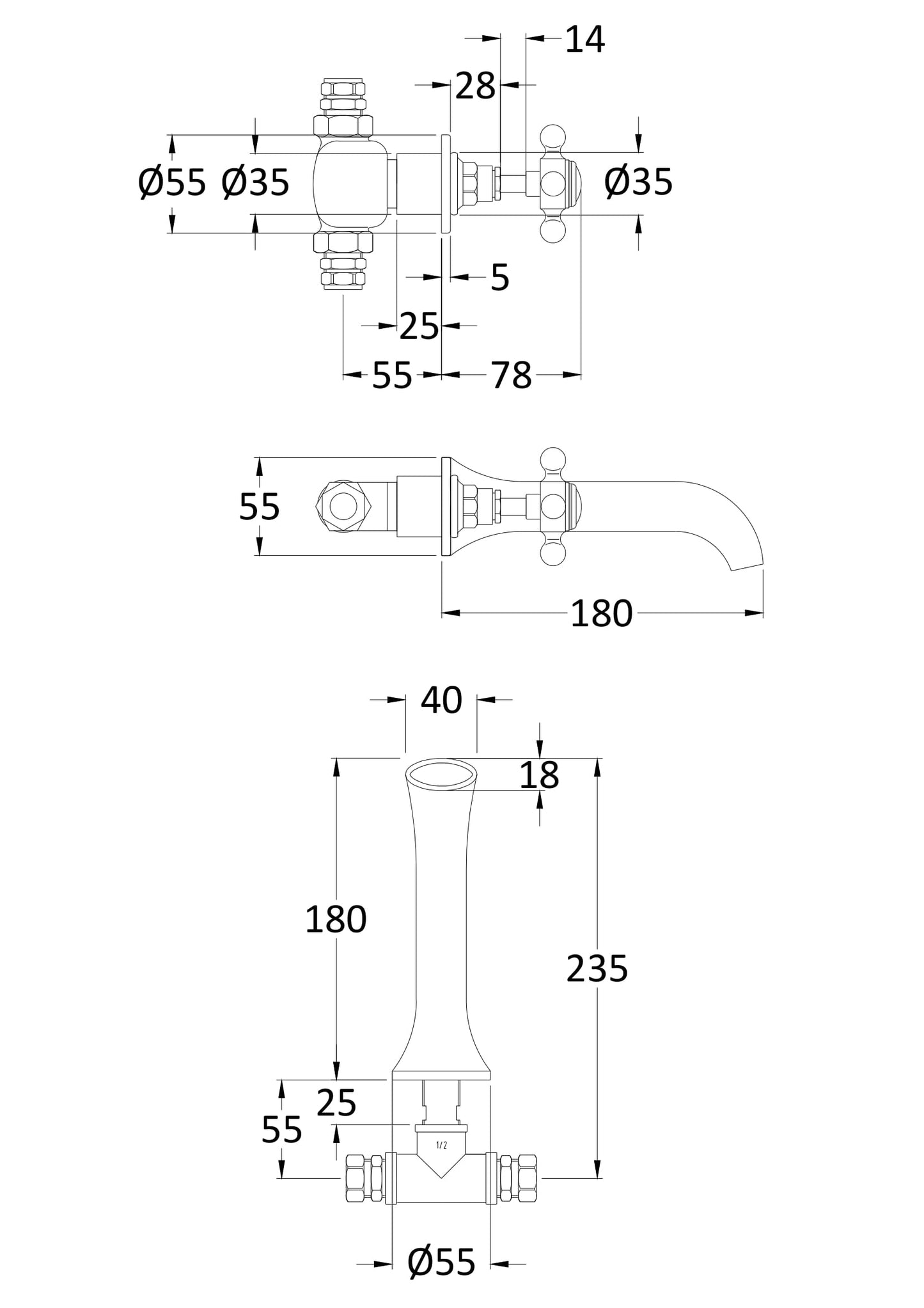 Hudson Reed 3 Tap Hole Wall Mounted Basin Mixer