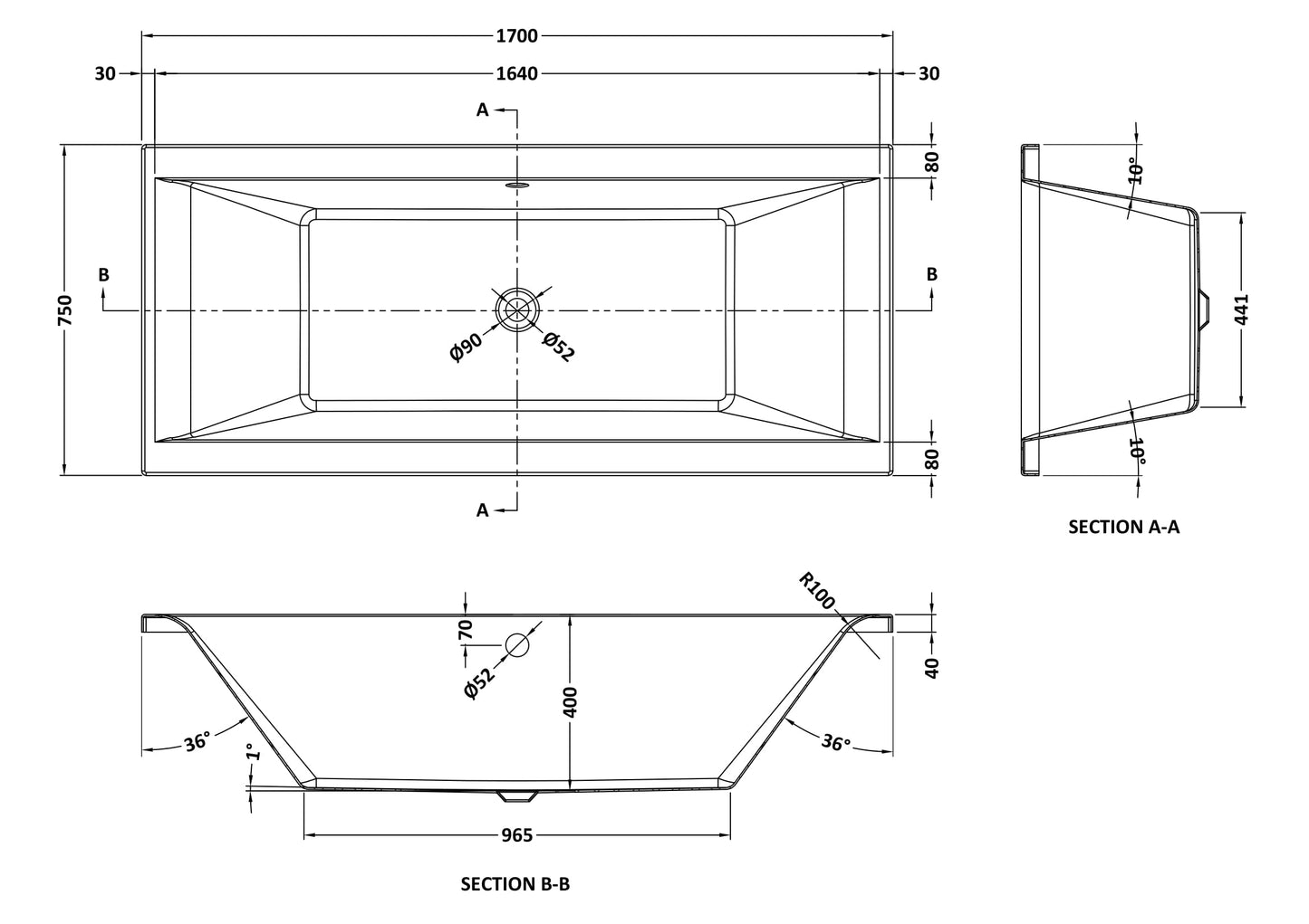 NUIE Eternalite Square Double Ended Bath 1700 x 750mm