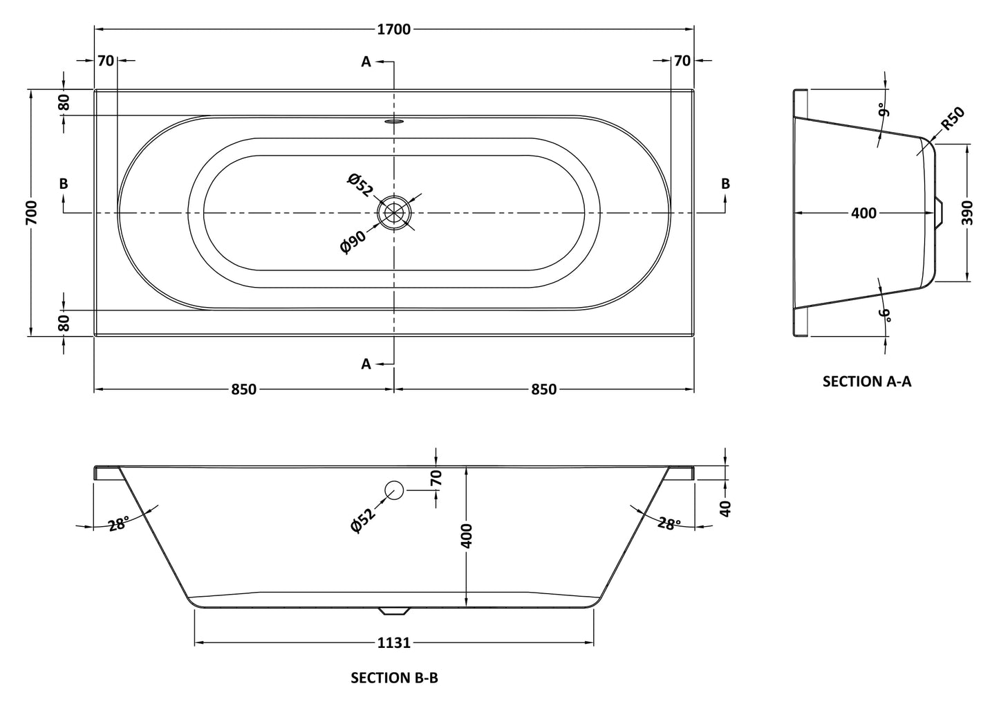 NUIE Eternalite Round Double Ended Bath 1700 x 700mm