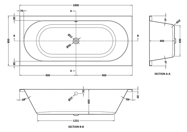 NUIE Eternalite Round Double Ended Bath 1800 x 800mm