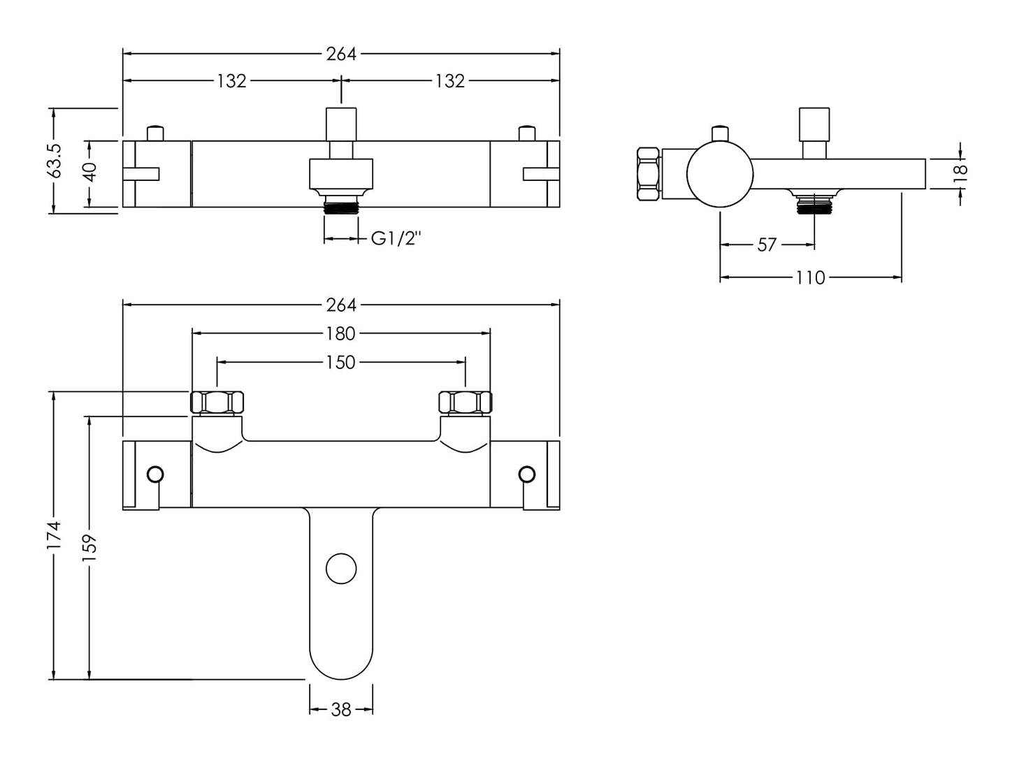 NUIE Wall Mounted Thermostatic Bath Shower Mixer